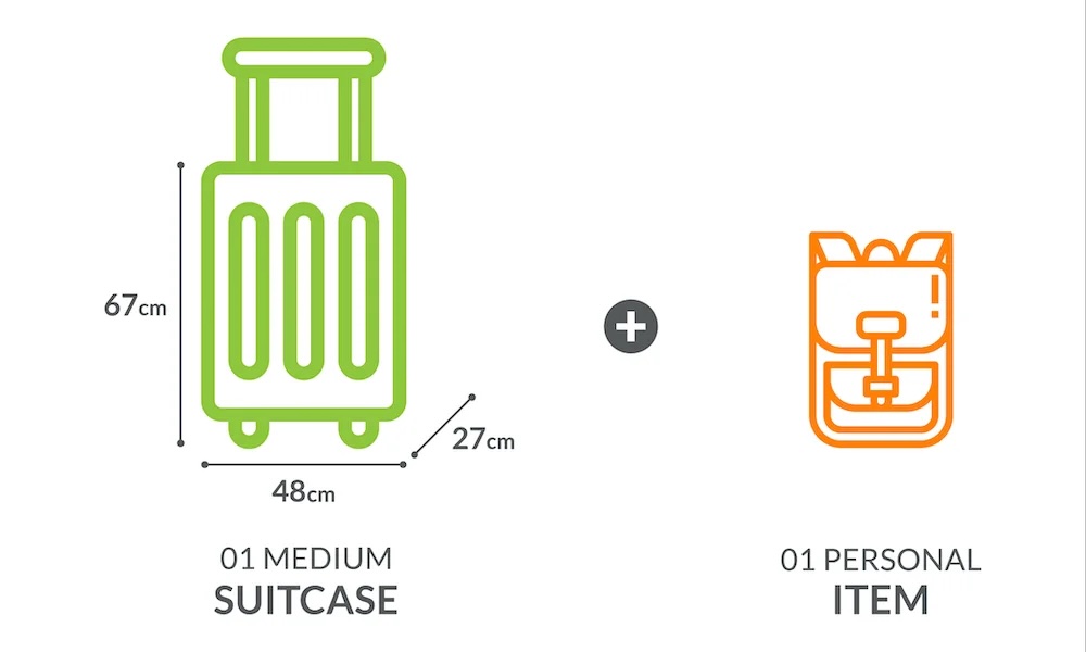 A bőrönd és személyes tárgyak méreteinek ábra. A bőrönd mérete 48 x 27 cm, személyes tárgy pedig egy kis hátizsák, nincs felsorolt méret.